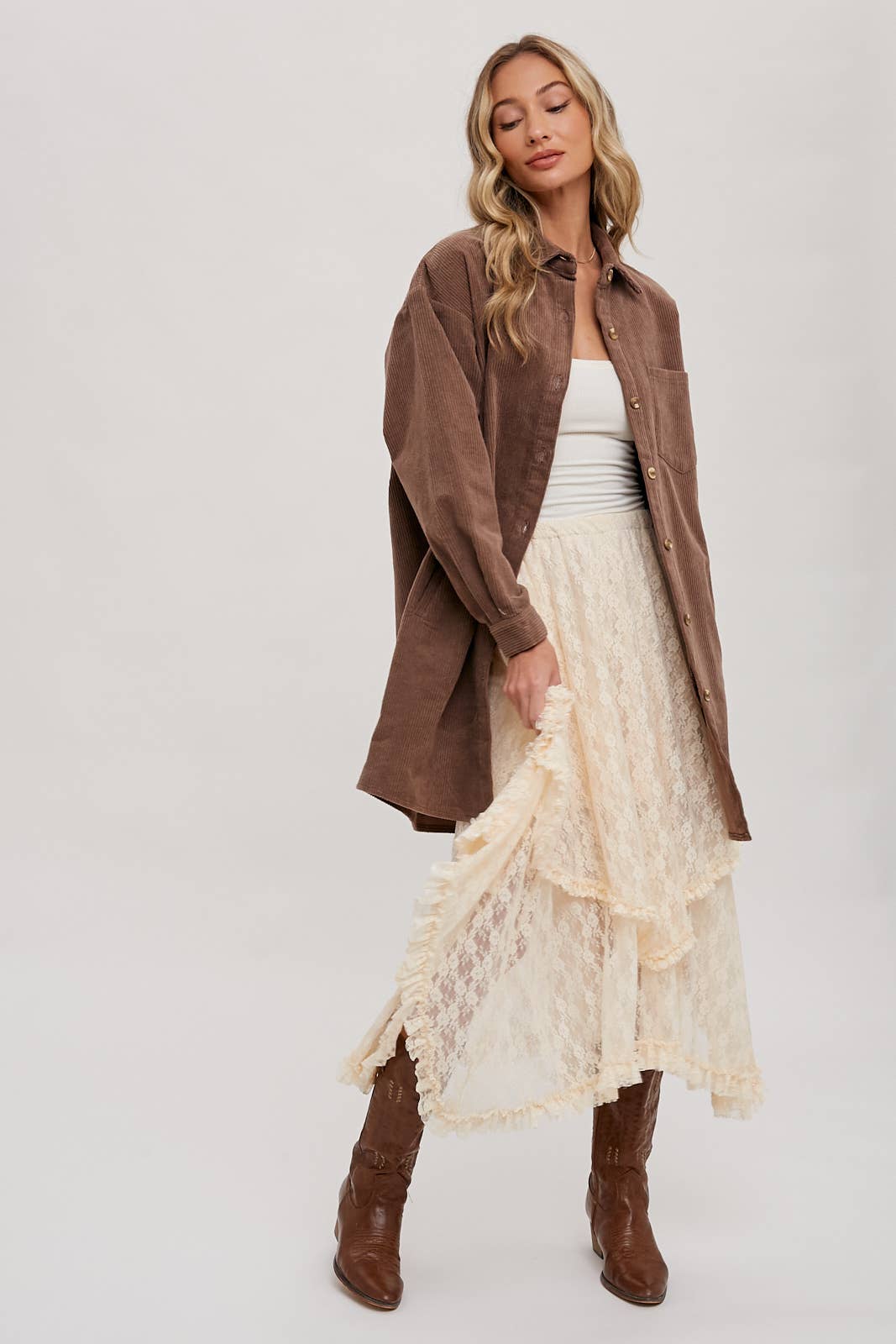 LACE TIER MIDI SKIRT: ECRU / B01619