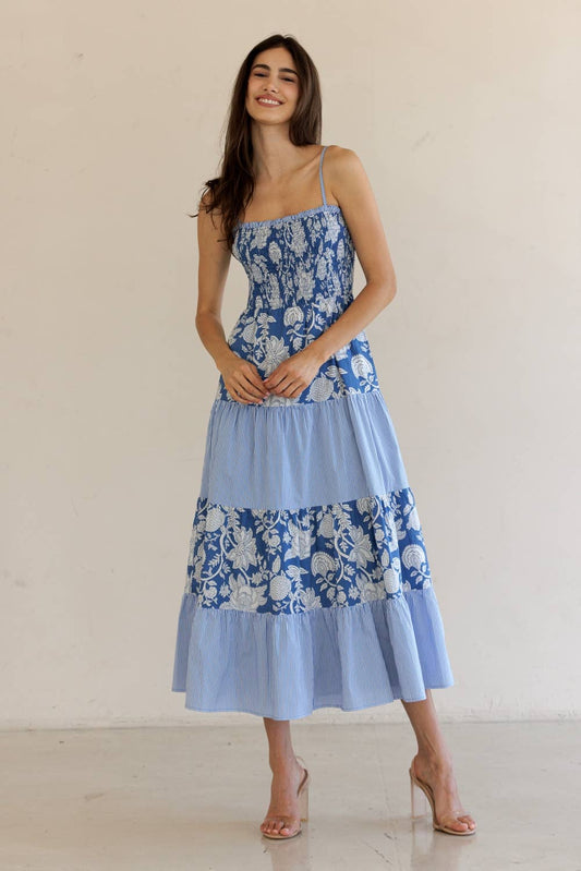 JD7666-FLORAL PRINTED MIDI DRESS: BLUE/ WHITE