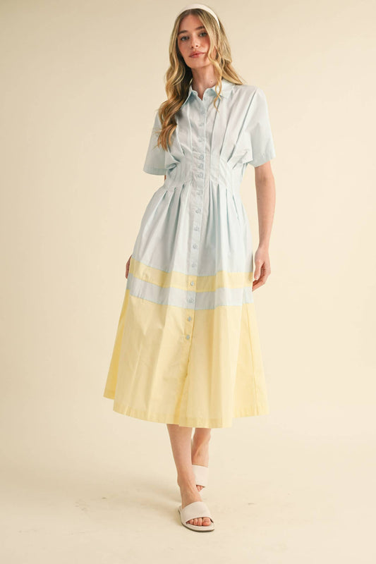 BUTTON DOWN PLEATED WAIST COLOR BLOCK MIDI DRESS MDR3556