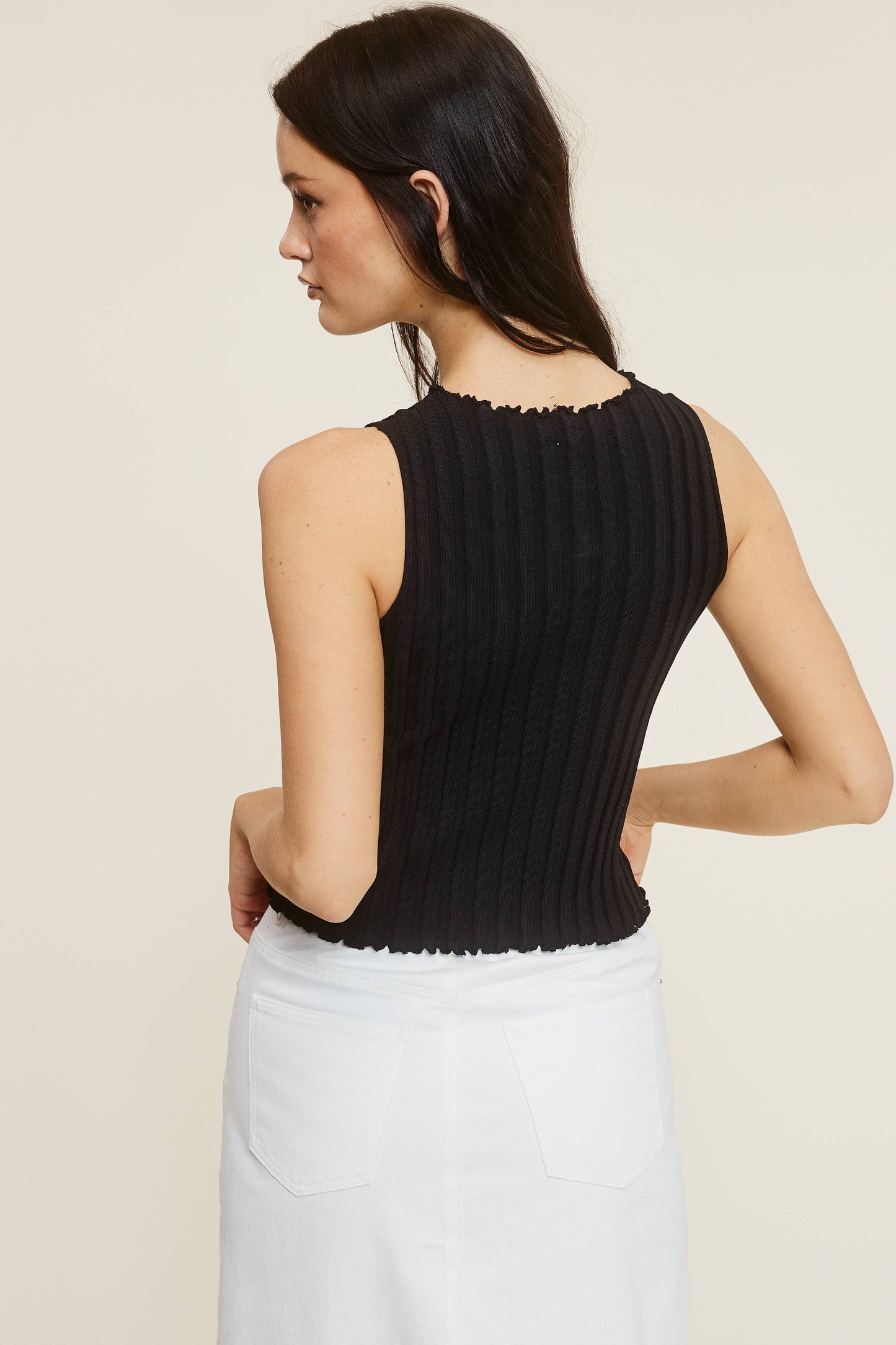 MT1620-M1 LETTUCE TRIM DETAIL RIBBED KNIT SLEEVELESS TOP: Air Force