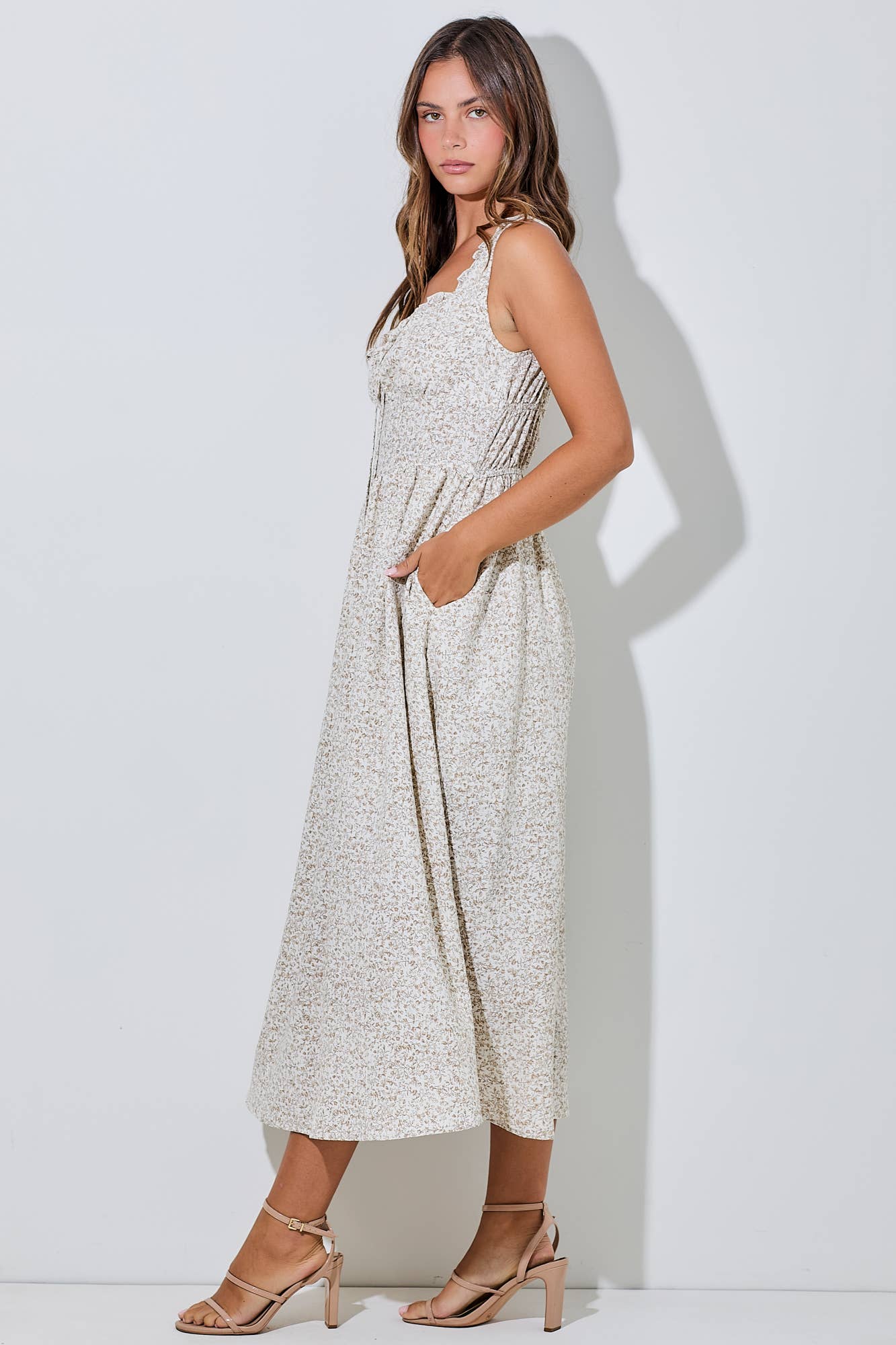 FLORAL MIDI DRESS: TAUPE BD5909