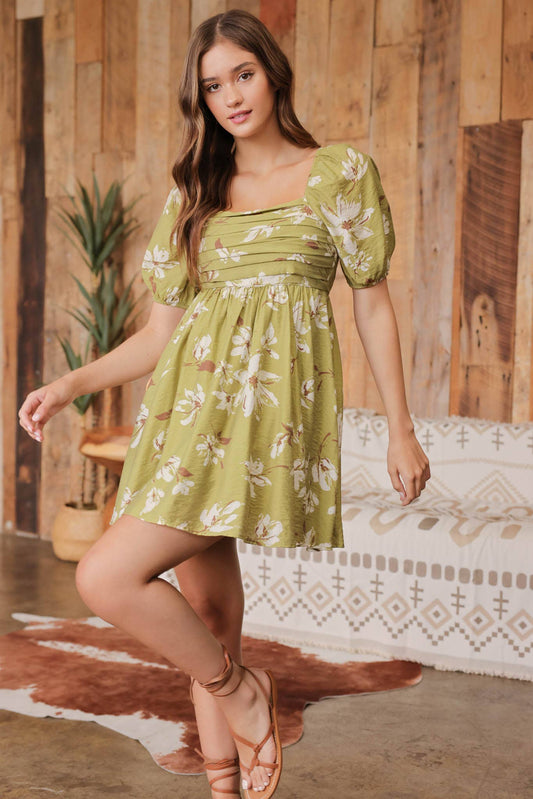 FLORAL PLEATED PUFF SLEEVE MINI DRESS: CR2212A_OLIVE