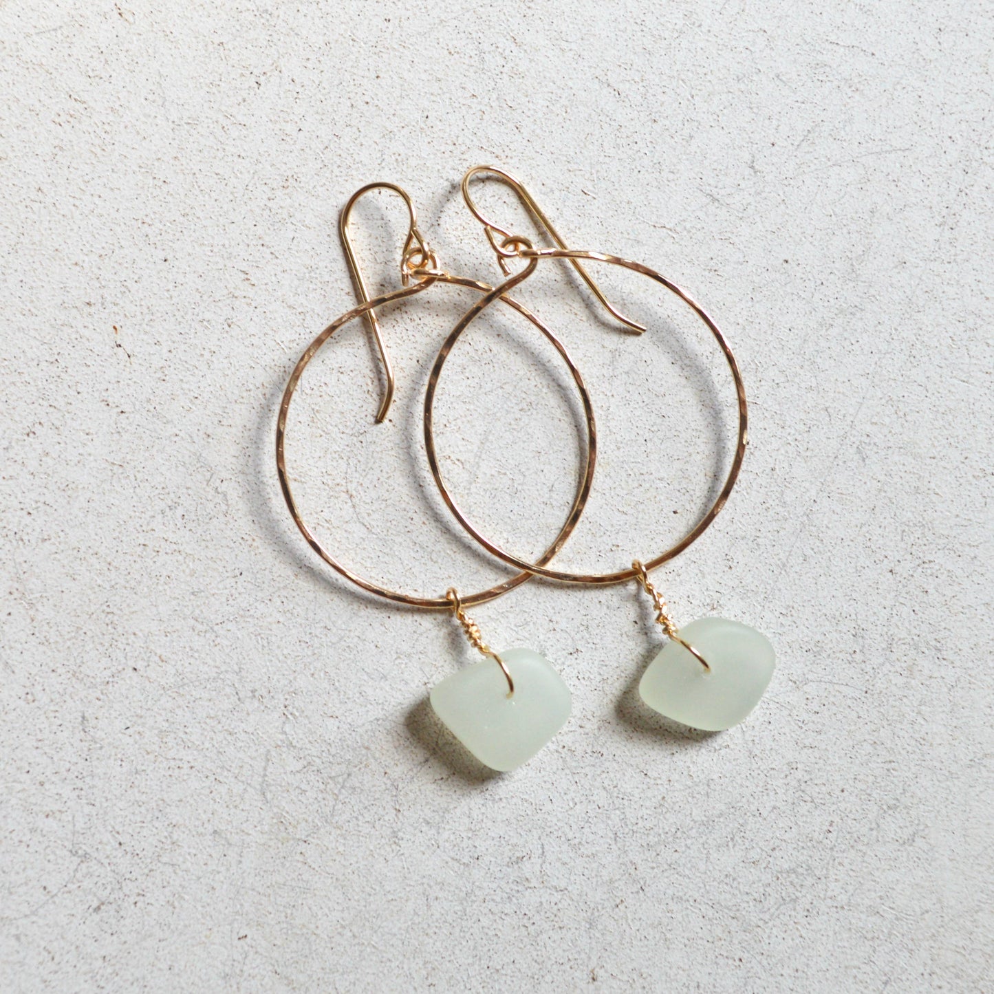 Opaque Sea Foam Glass Hoops: Gold Filled