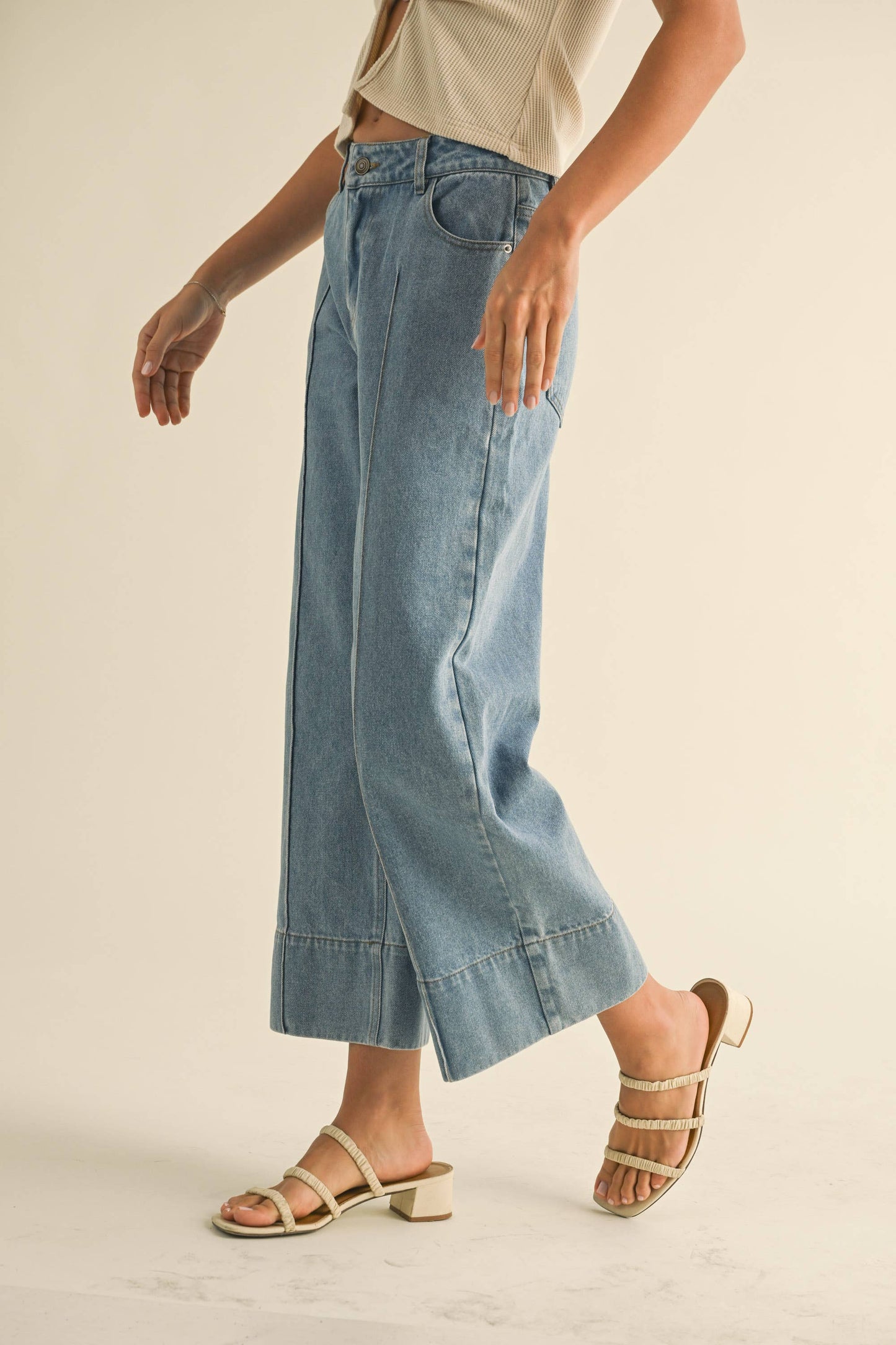 P4564   WIDE HEM DENIM PANTS: DENIM