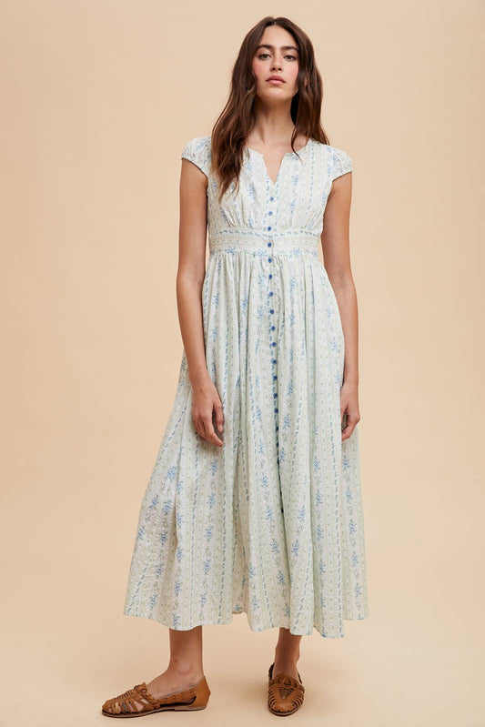 COTTON FLORAL BUTTON DOWN MAXI DRESS: FRENCH BLUE / ILD6332