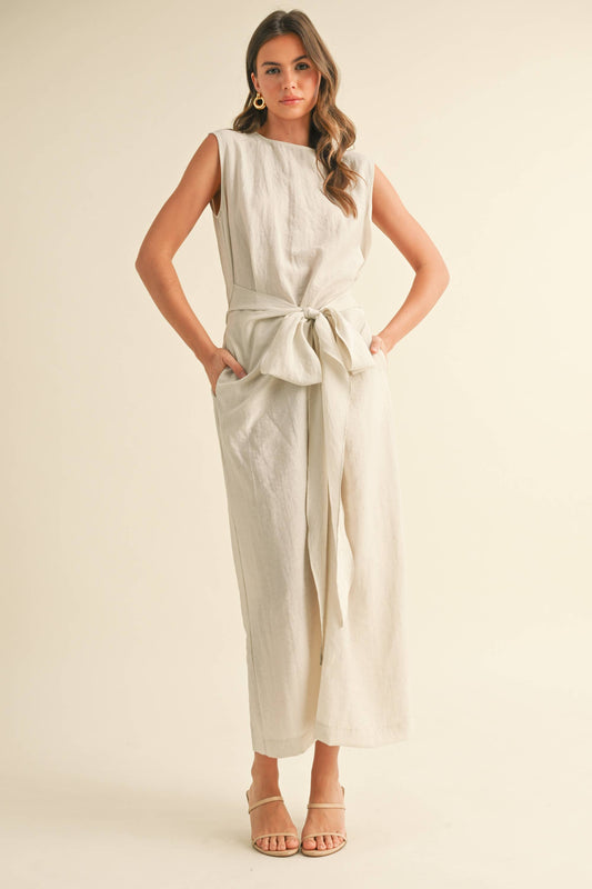 ID8855  MIDI DRESS WITH TIED FRONT DETAIL: NATURAL