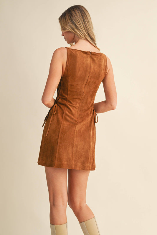 ID9365-A SUEDE SIDE LACE UP SLEEVELESS BOAT NECK MINI DRESS: CAMEL