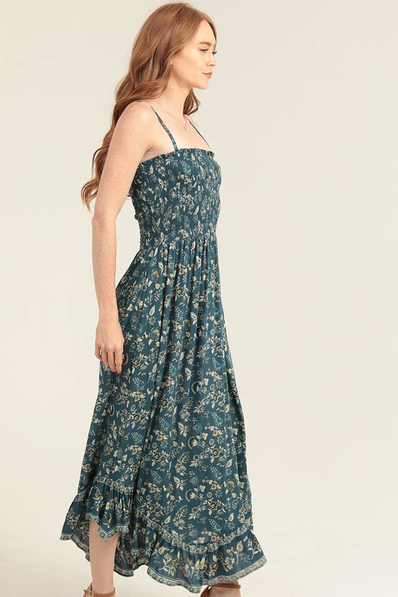 C4946-WB01 SMOCKED BODICE ANGLED HEM MAXI DRESS