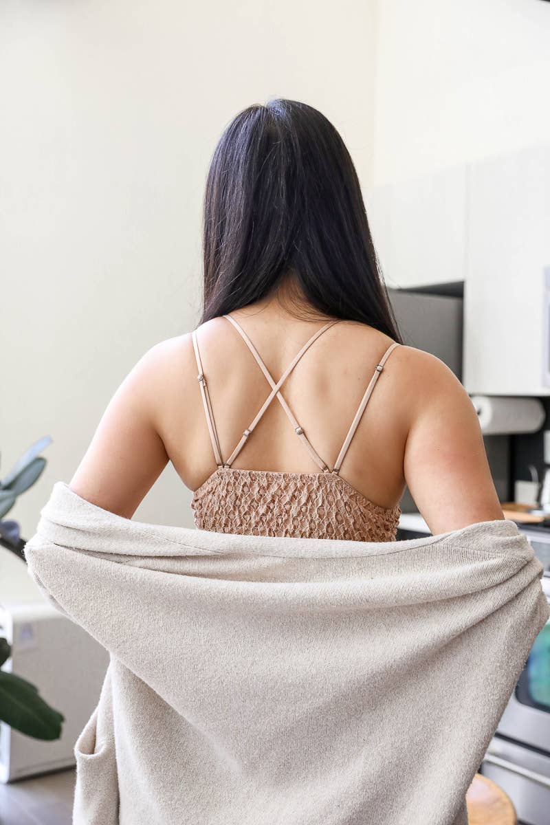 Padded Crochet Lace Longline Bralette - YL-5448WB-RUST