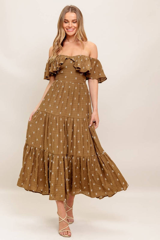 A textured embroidered woven midi dress - ID22655: Brown