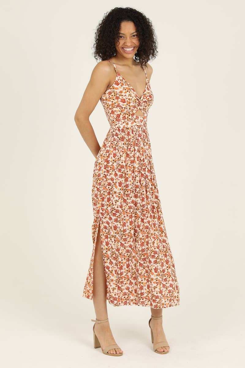 F4B48-FP57 V NECK TWIST FRONT CUT OUT MAXI DRESS