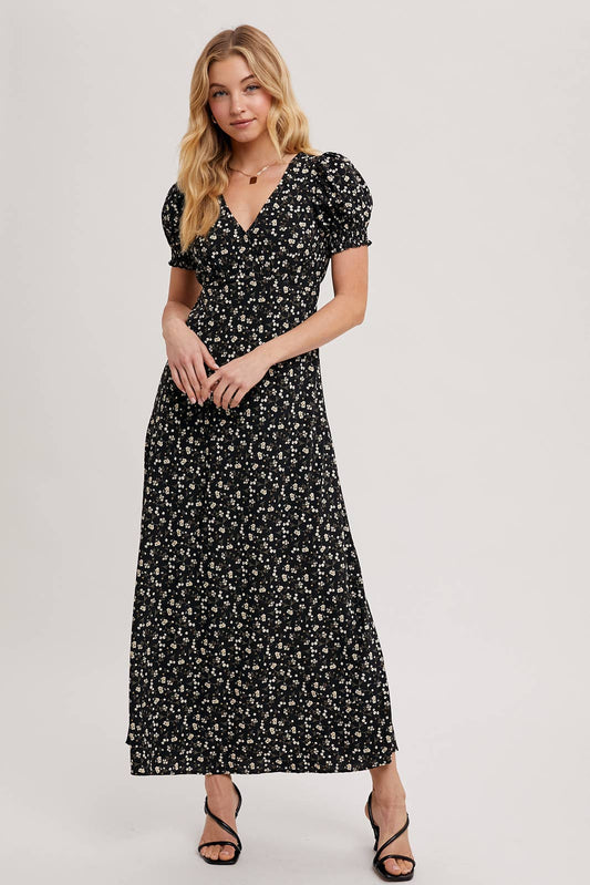BOHO FLORAL PRINT V-NECK MAXI DRESS: Black / D02087