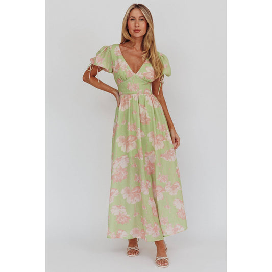BELL SLEEVE FLORAL MAXI DRESS: GREEN / SR1253J