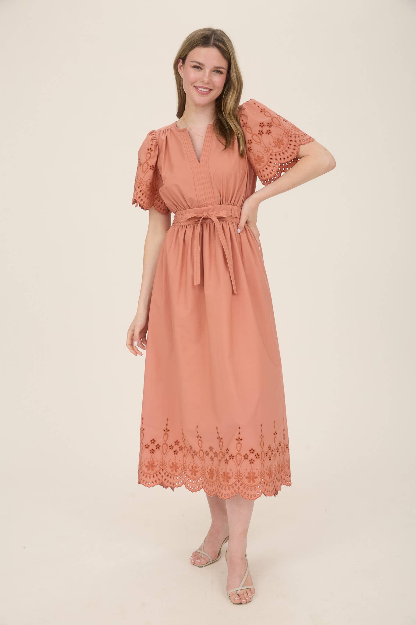 EMBROIDERY EYELET DETAIL BELTED MIDI CR2569 : CHAMPAGNE