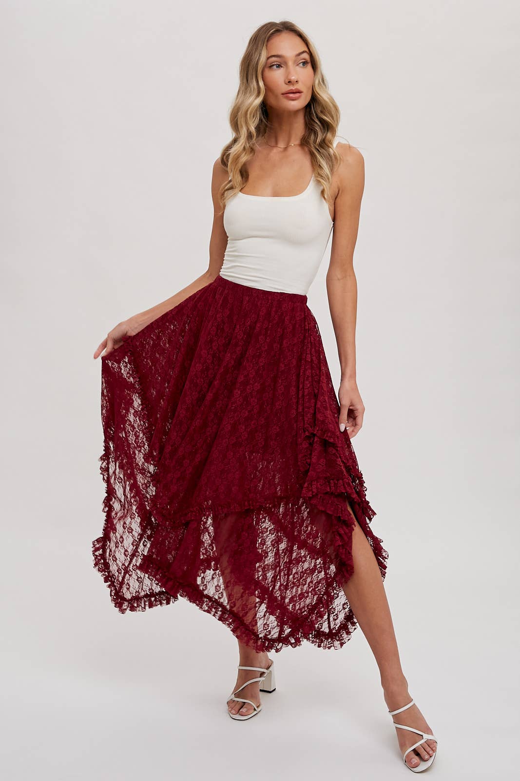 LACE TIER MIDI SKIRT: ECRU / B01619