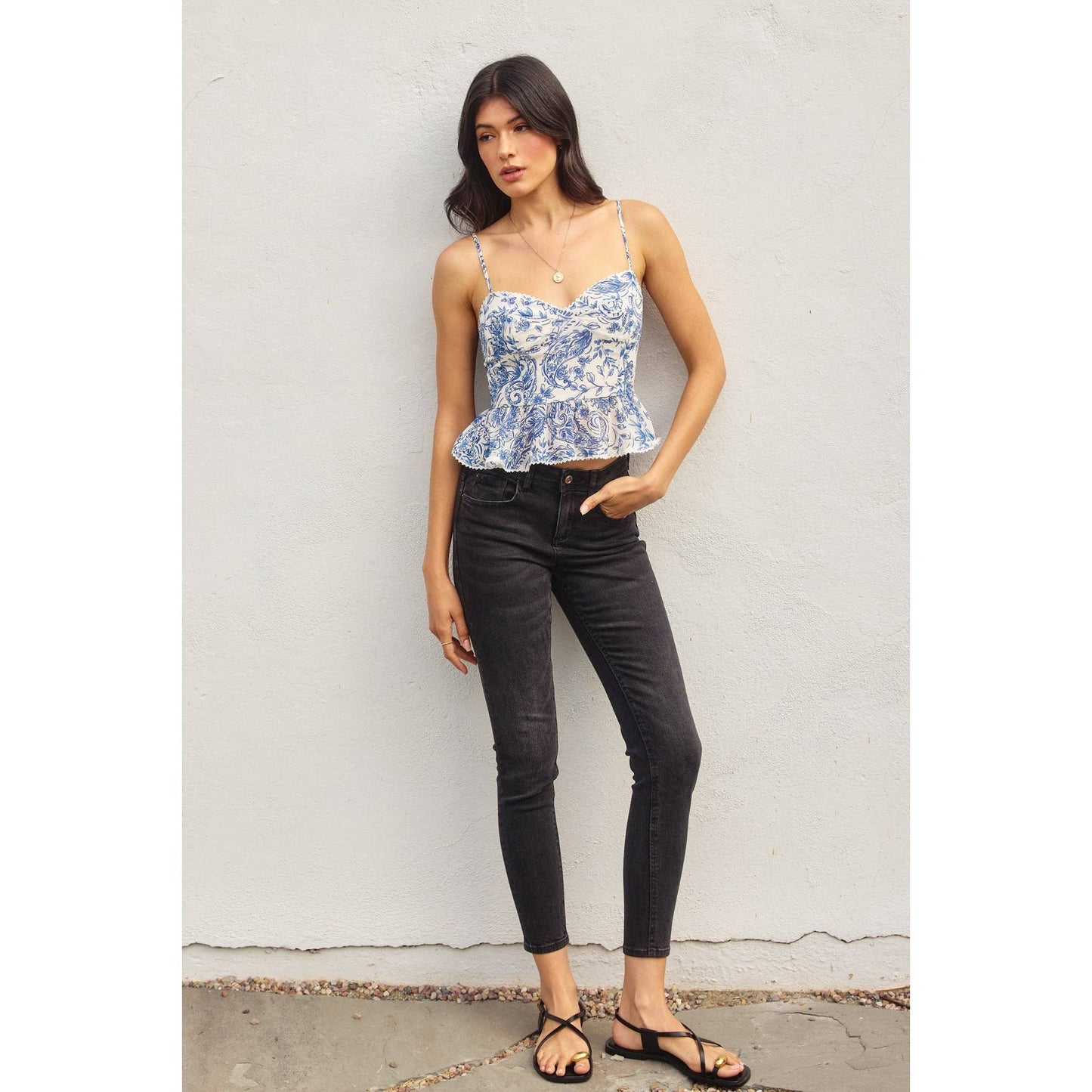 Porcelain Paisley Flared Cami Top: RIVIERA / FT12175-P1729