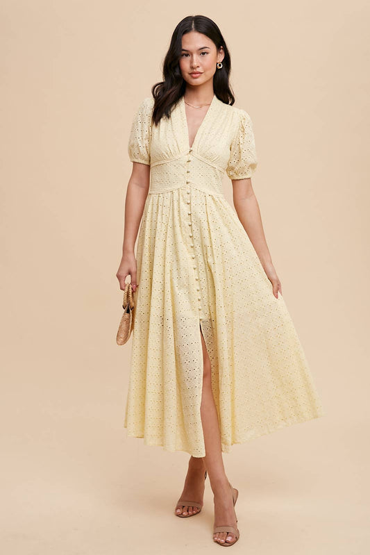 COTTON EYELET BUTTON DOWN DRESS: LEMON WATER / ILD5399