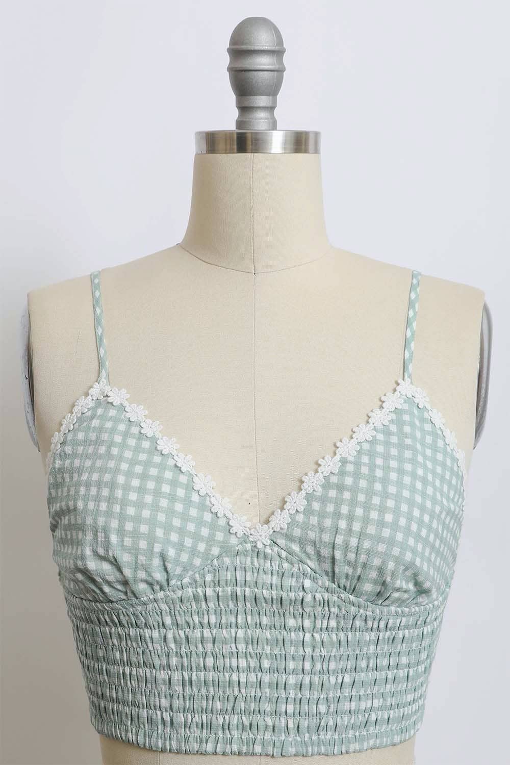 Gingham Daisy Trim Smocked Bralette 🫶🏻: Sage