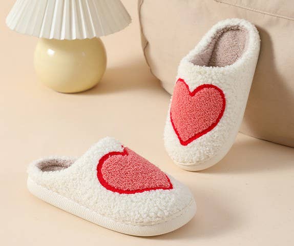 SOFT PLUSH MUSHROOM HEART RAINBOW WARM SLIPPERS | 40SP014: FLOWER PEACH / Large