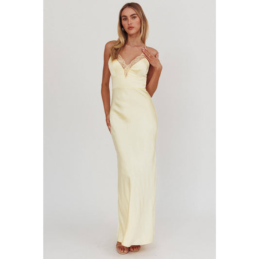 LACE SATIN TRIM MAXI DRESS: LEMON / 64498B01