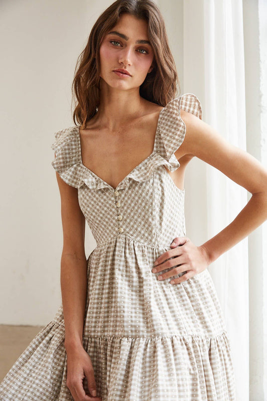 Heart Gingham Print Button Down Ruffle Maxi Dress: MOCHA / MD2567
