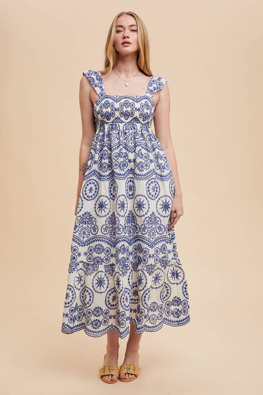 COTTON EMBROIDERED EYELET MAXI DRESS: SANTORINI / ILD6265