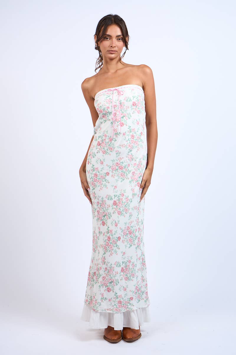 PINK FLORAL POINT RUFFLE BODYCON TUBE MAXI DRESS: Lovely Florals SM-D20749E