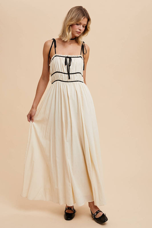 COTTON BLEND CONTRAST TRIM MAXI DRESS: BUTTERCREAM / ILD5742