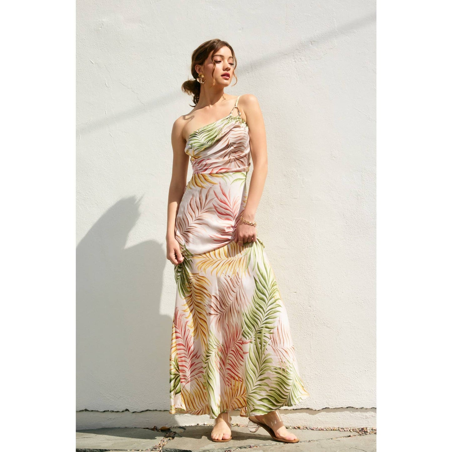 Sunkiss One Shoulder Golden Trim Maxi Dress: DESERT PALM / FD12795-P2056_2
