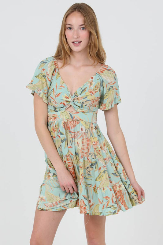 C4495-A878 V NECK TWIST FRONT CUT OUT DRESS: AQUA
