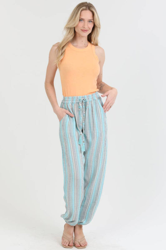B3247-SK46 STRIPED JOGGER PANTS WITH ELASTIC WAIST AND POCKE