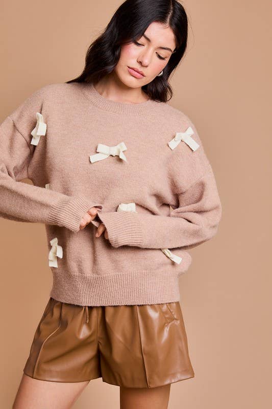 Round Neck Long Sleeve Bows Sweater: Taupe-cream / MWT7241G