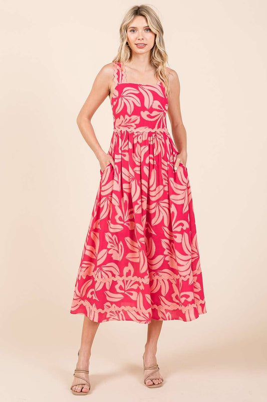 TROPICAL LEAF PRINT WAVY SLEEVELESS MIDI DRESS: FUCHSIA / M43303