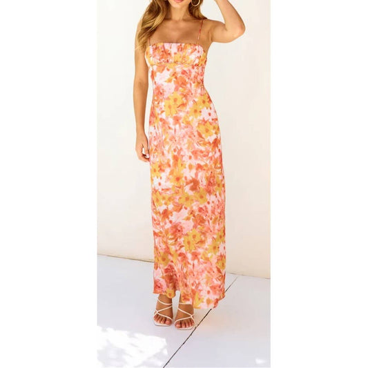 FLORAL PRINT RUCHED DETAIL SEMI LINED MAXI DRESS: ORANGE / SR1070J