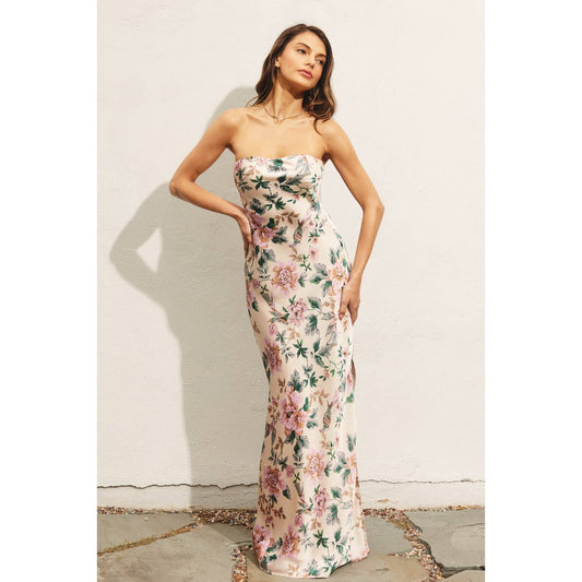 Morning Meadow Strapless Bias Cut Maxi Dress: ECRU/PINK / FD11771-P1076