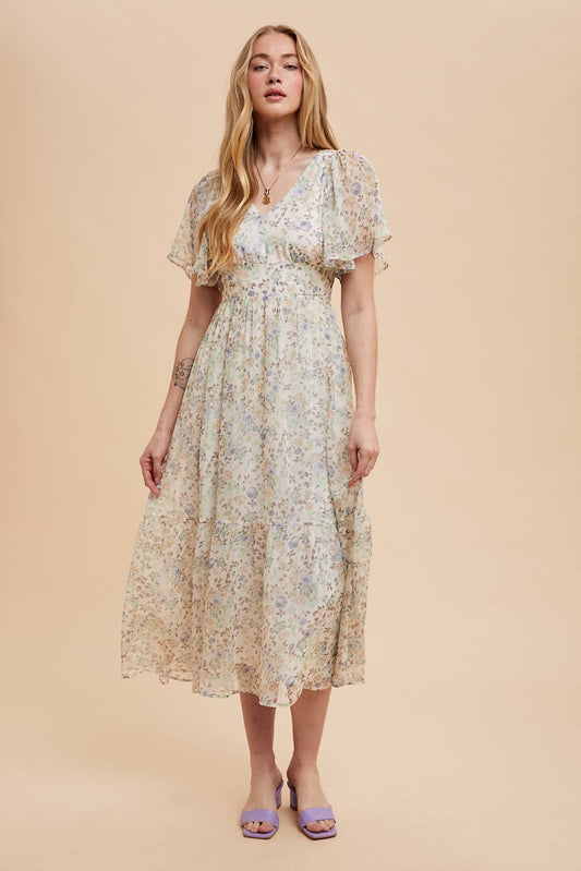FLORAL FLUTTER SLEEVE MAXI DRESS: CREME GARDEN FLORAL / ILD6292