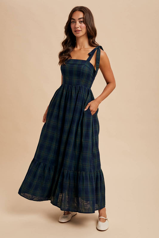 TARTAN COTTON MAXI DRESS: GREEN / ILD6399