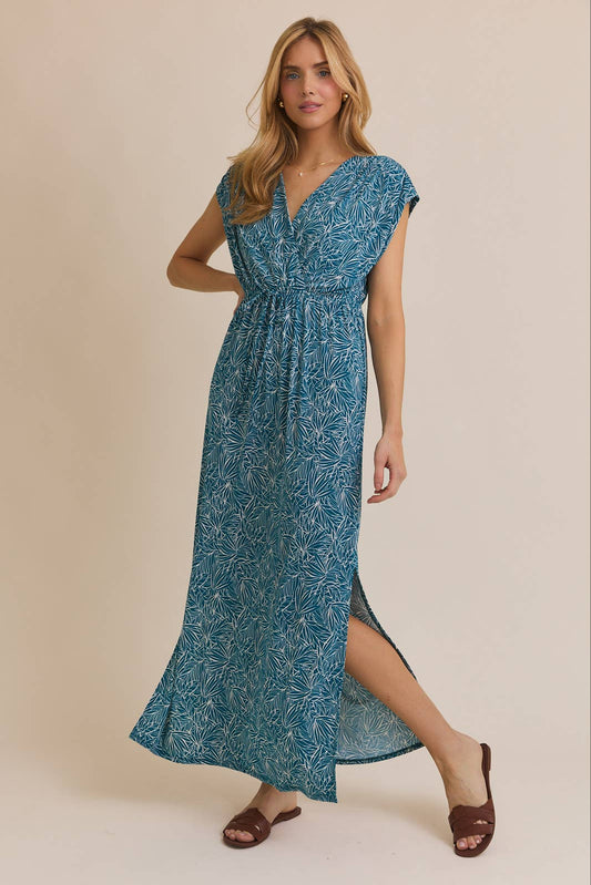 V-NECK SHORT SLEEVE WAIST TIE TROPICAL PRINT DRESS: TEAL-WHITE TROPICAL / D19903