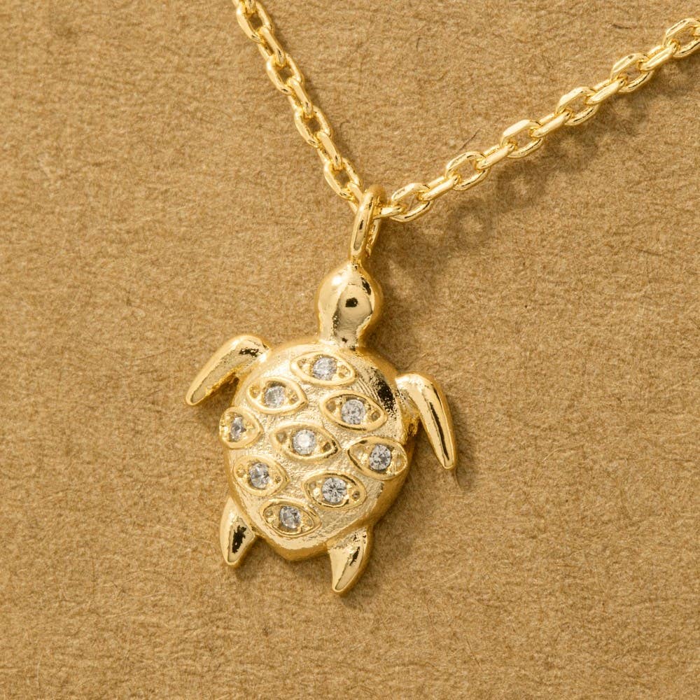 Gold Dipped Cz Studded Turtle Pendant Necklace: S