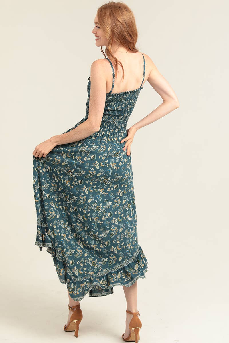 C4946-WB01 SMOCKED BODICE ANGLED HEM MAXI DRESS