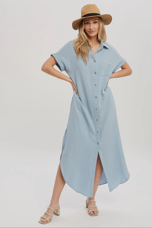 D01028 - Chambray - Short Sleeve Button Up Long T-Shirt Dress - Bluivy