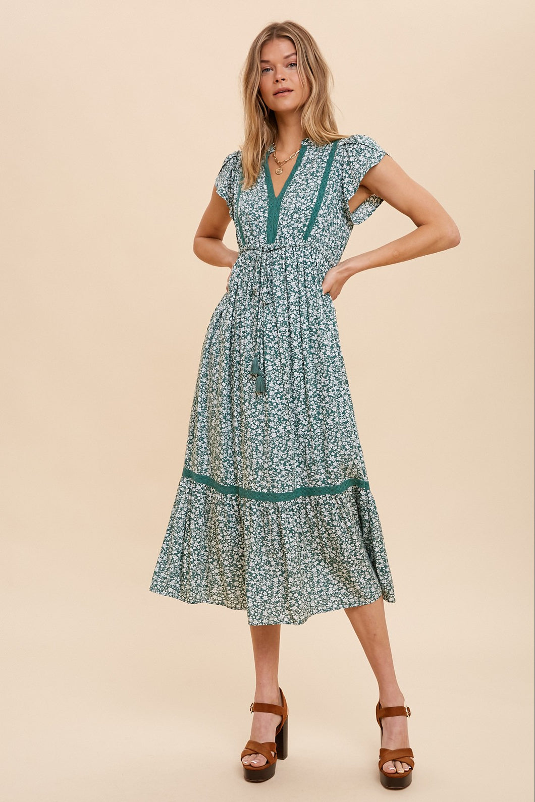 SAGE / SMALL - ILD3764 PETAL SLEEVE V NECK MIDI DRESS - Inloom