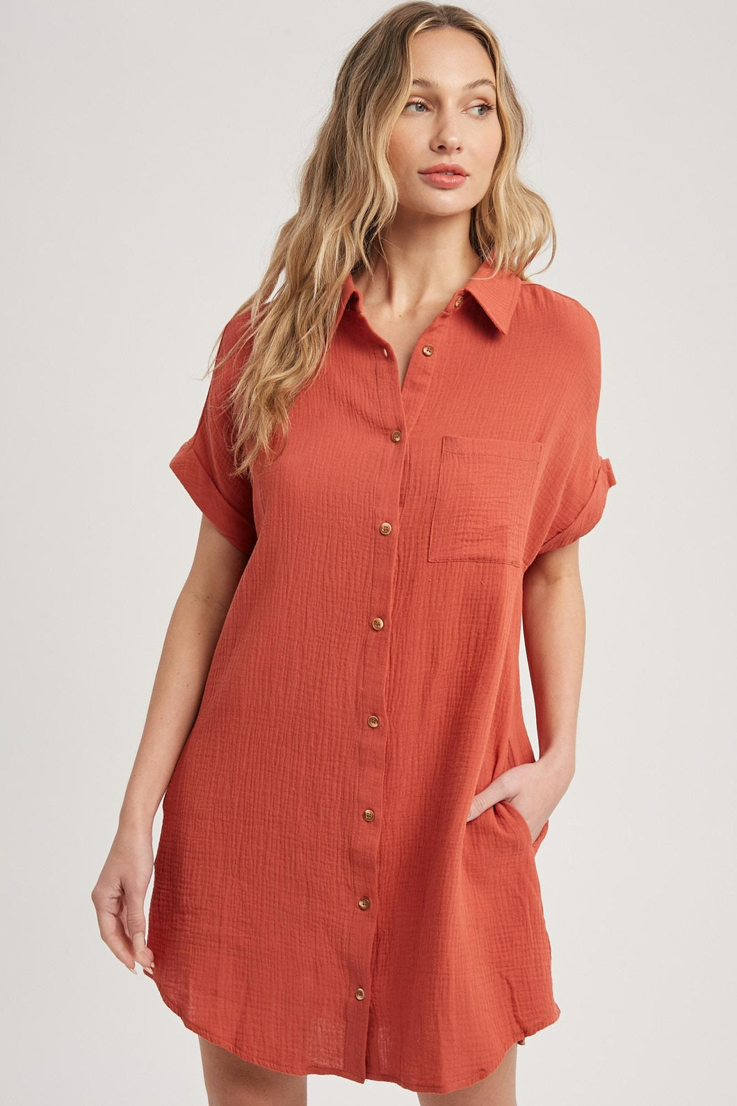 D01045 - Terracotta / Small - Short Sleeve Button Up Midi T-Shirt Dress - Blu Ivy