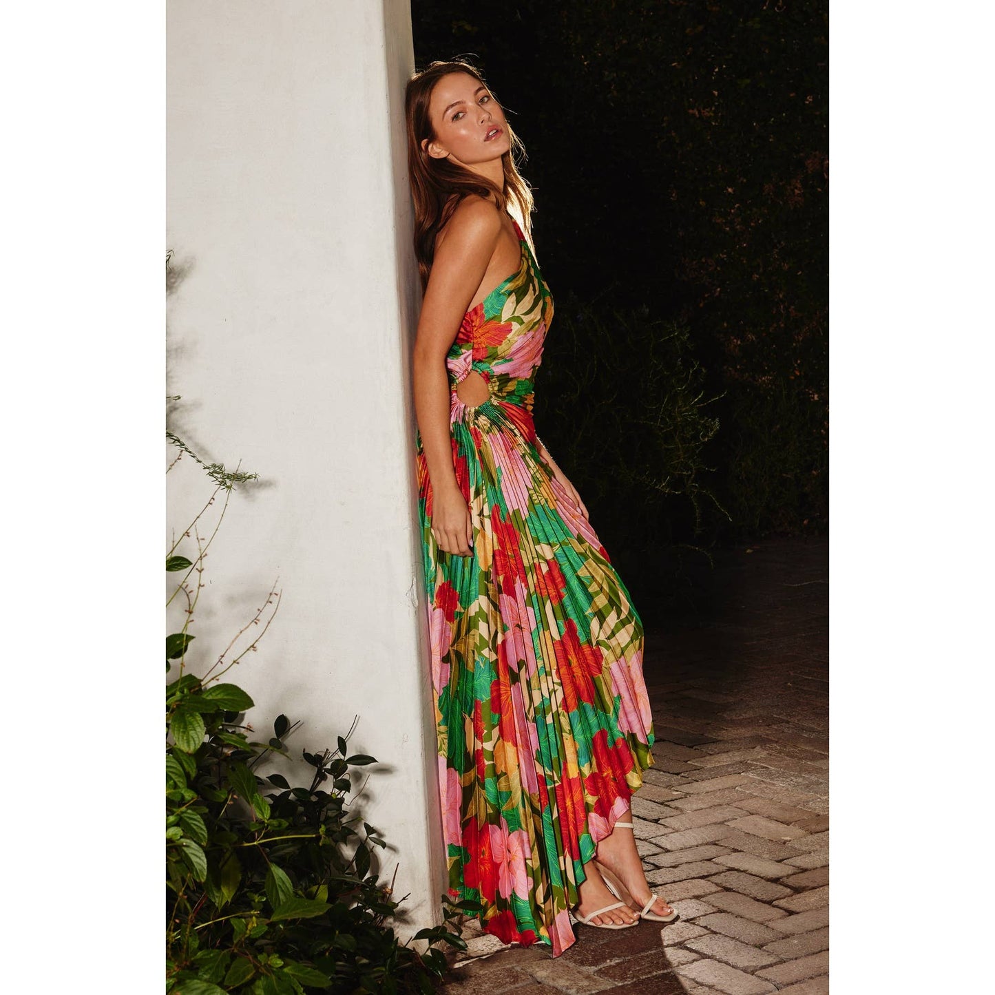 Moonstruck Asymmetrical Pleated Maxi Dress: IBIZA GARDEN / FD10589-P1312