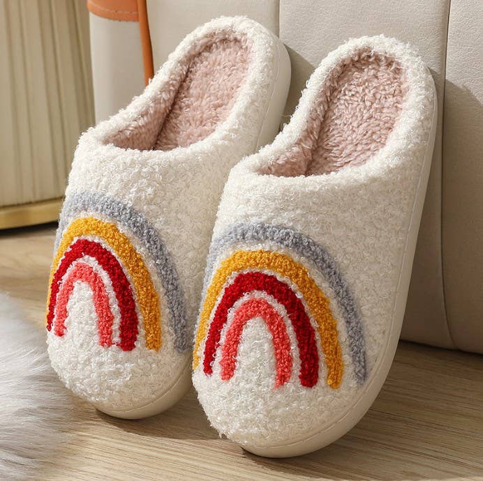 SOFT PLUSH MUSHROOM HEART RAINBOW WARM SLIPPERS | 40SP014: FLOWER PEACH / Large