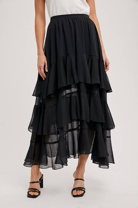 TIERED RUFFLE MAXI SKIRT WITH LINING: Black B02722
