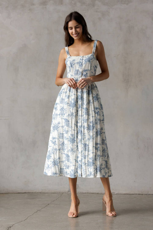 SJD7548-WHITE BLUE MIDI DRESS: WHITE/BLUE