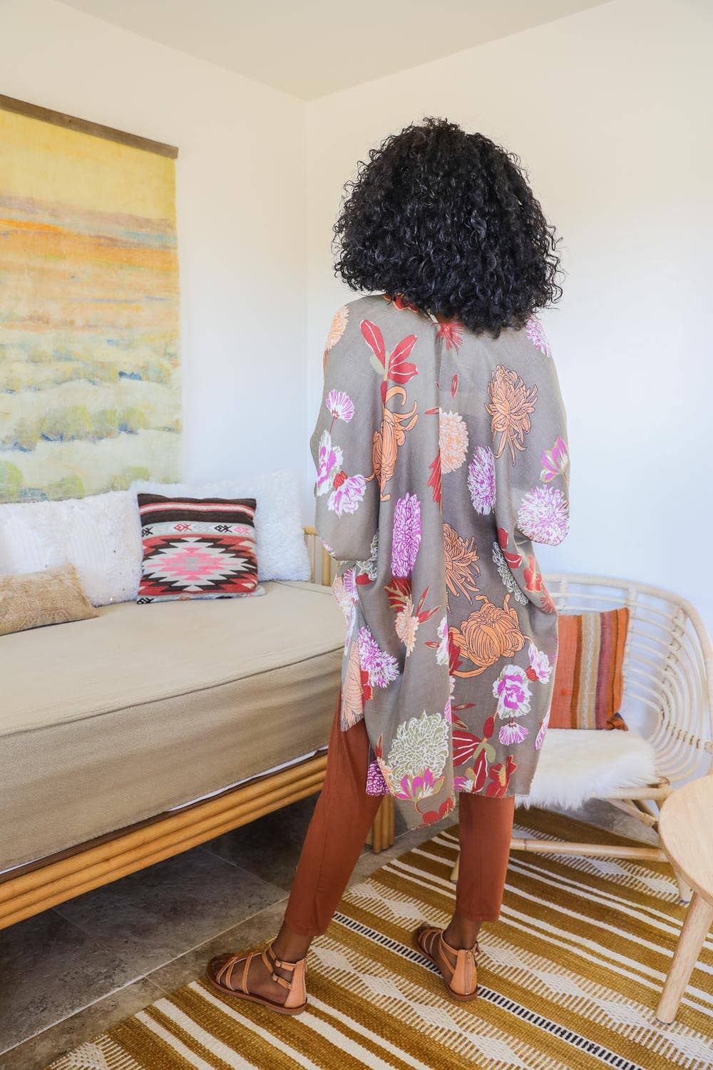 Floral Motif Combo Kimono: Taupe