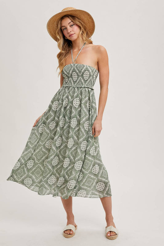 GEO PRINT SMOCKED HALTER DRESS: Green D02355