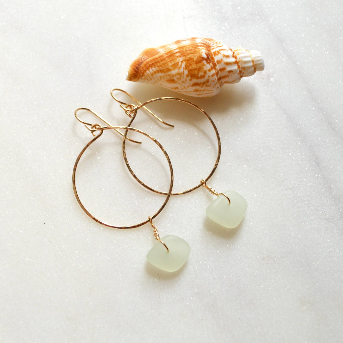 Opaque Sea Foam Glass Hoops: Gold Filled